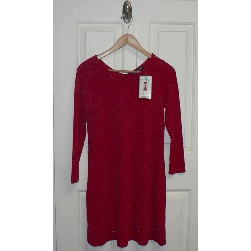 Trixxi Girl V-Back Long Sleeve Metallic Knit Holiday Dress in Tomato Red XL $48‎